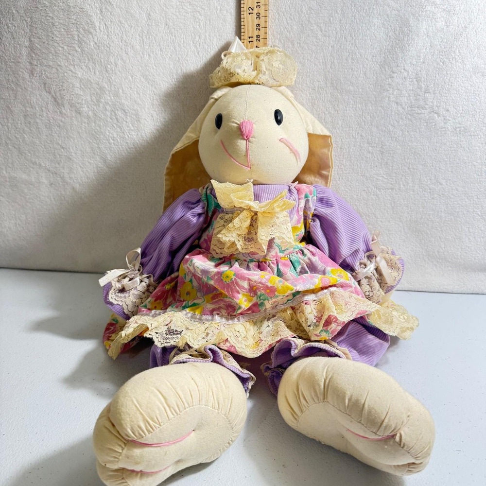 Vintage Stuffed Bunny Rabbit Plush Purple Floral Lace Dress Easter Decor 18in - Picture 7 of 8